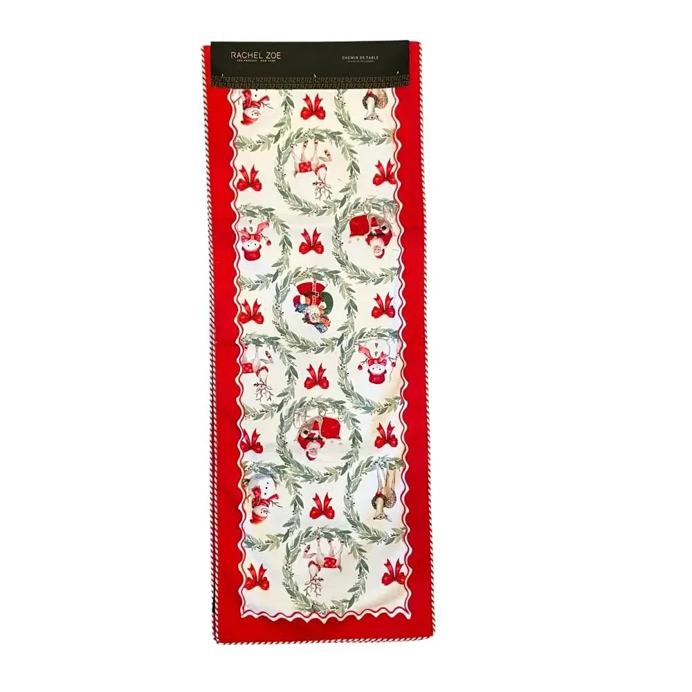 RACHEL ZOE Christmas Table Runner 16x90 Santa Bow Wreath Holiday Red White New